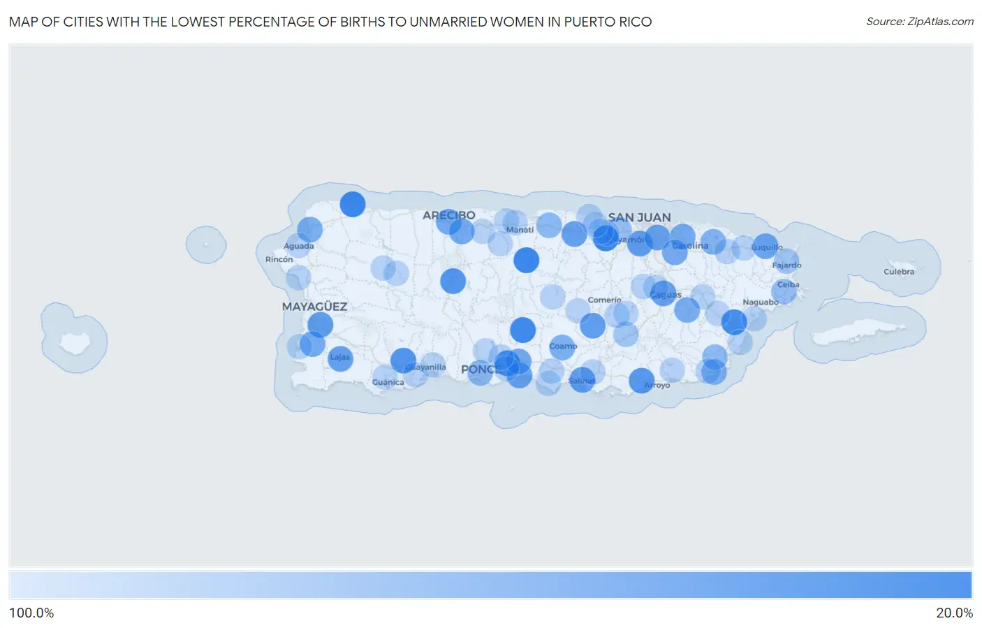 Cities with the Lowest Percentage of Births to Unmarried Women in Puerto Rico Map