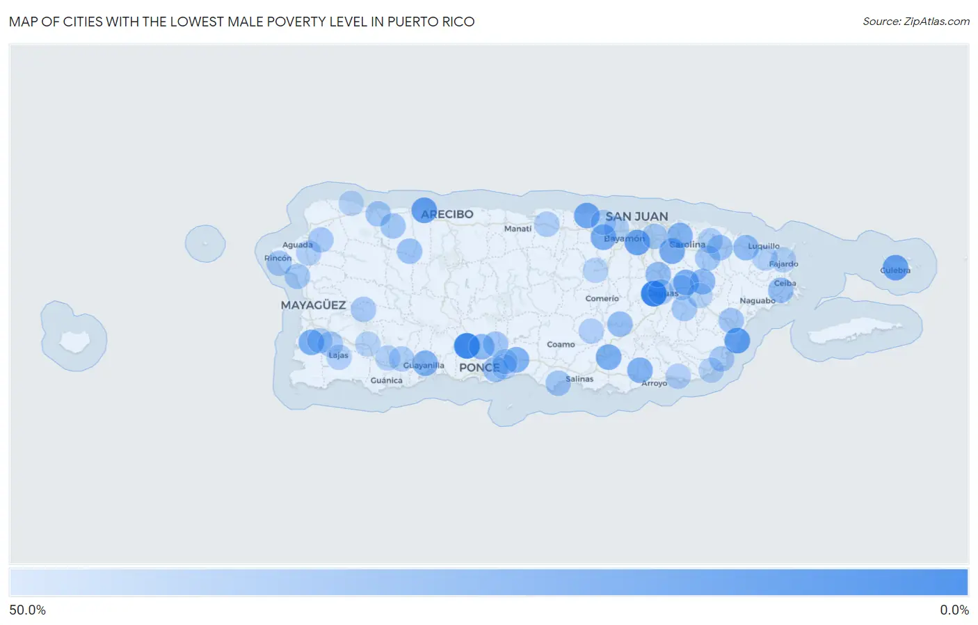 Cities with the Lowest Male Poverty Level in Puerto Rico Map