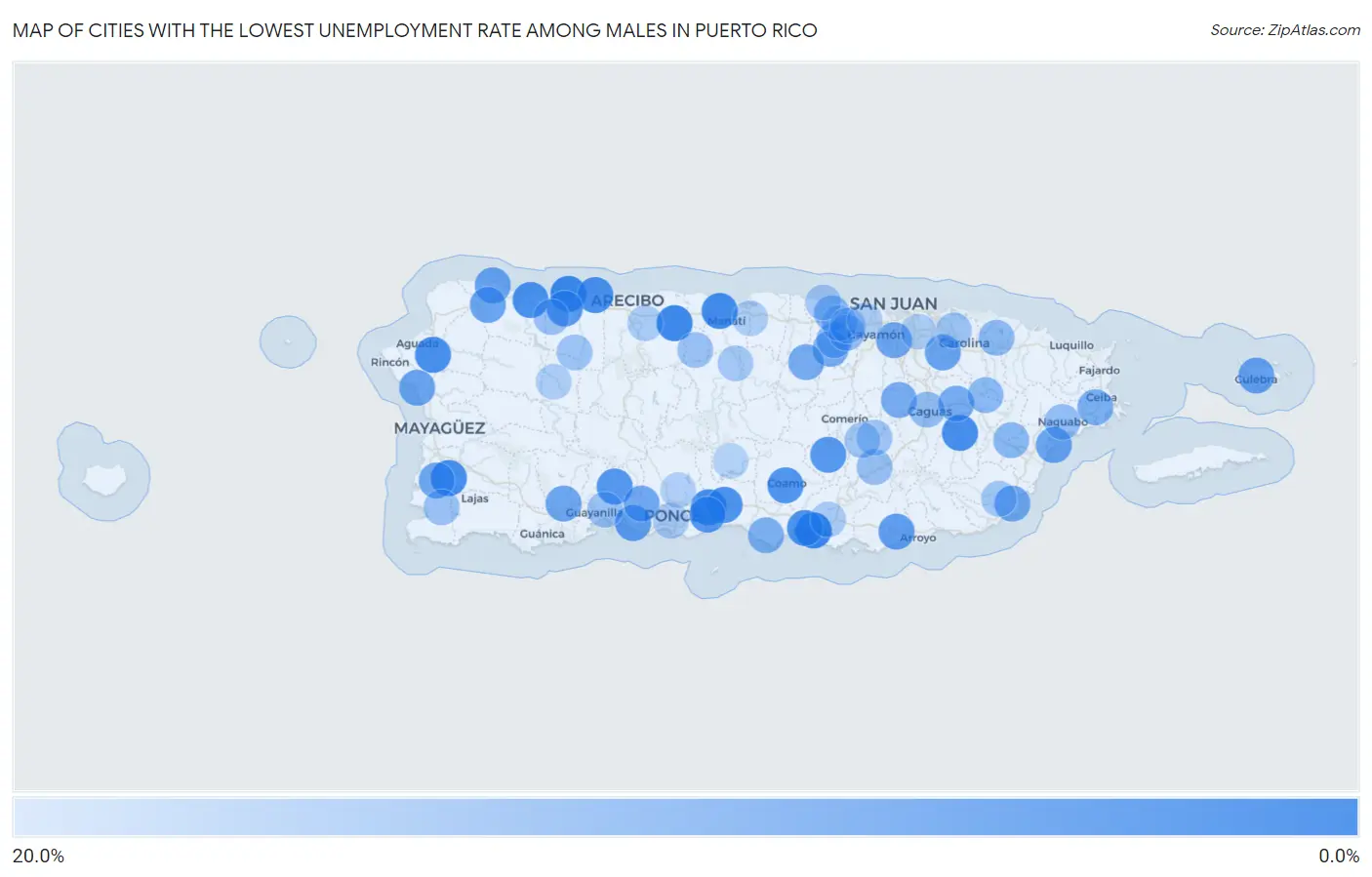 Cities with the Lowest Unemployment Rate Among Males in Puerto Rico Map