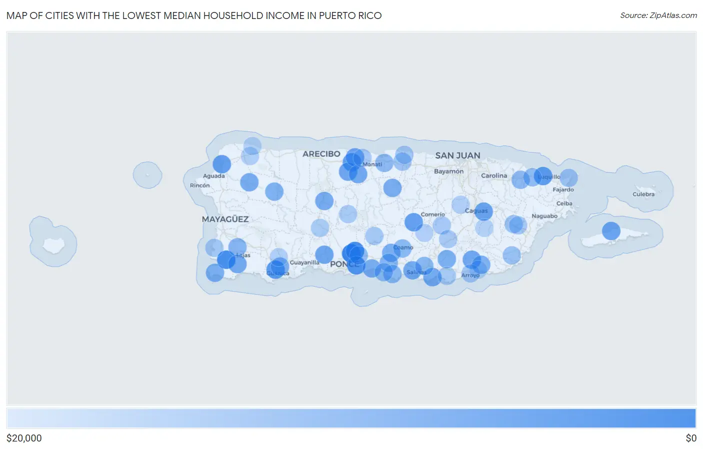Cities with the Lowest Median Household Income in Puerto Rico Map