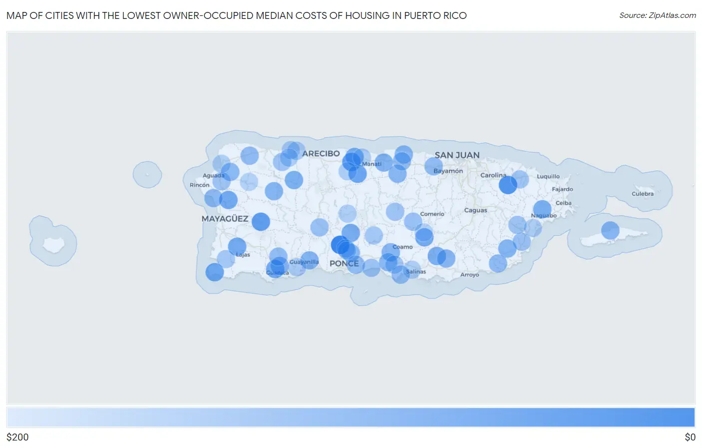 Cities with the Lowest Owner-Occupied Median Costs of Housing in Puerto Rico Map
