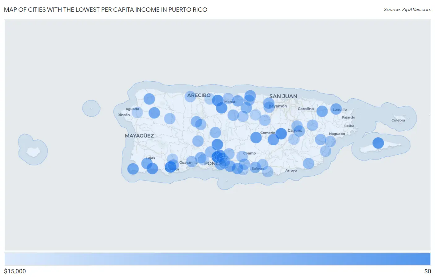 Cities with the Lowest Per Capita Income in Puerto Rico Map