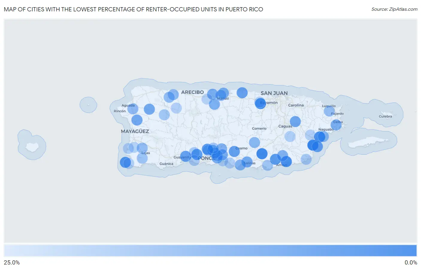 Cities with the Lowest Percentage of Renter-Occupied Units in Puerto Rico Map