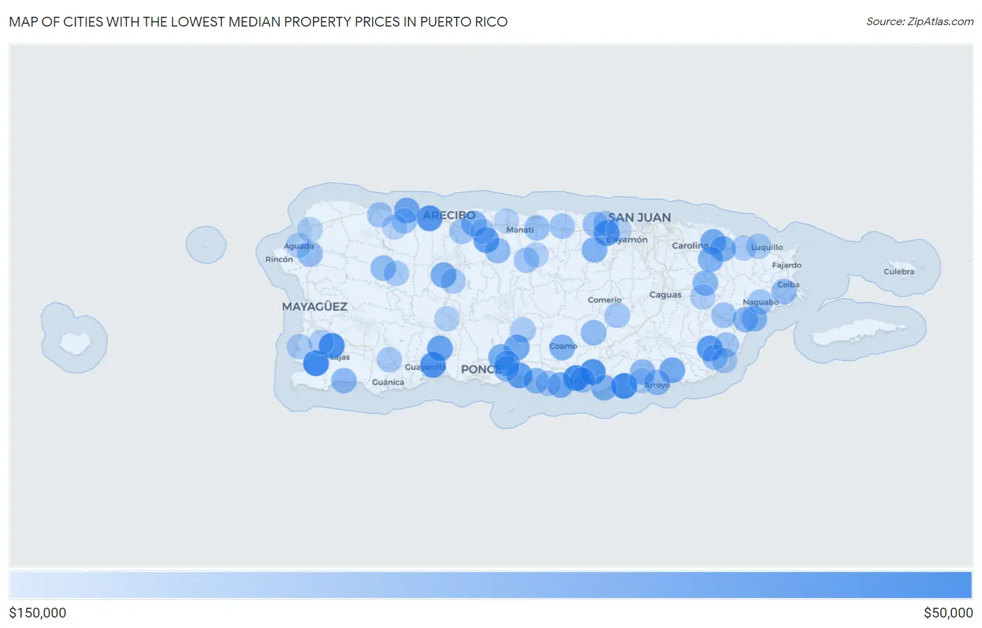 Cities with the Lowest Median Property Prices in Puerto Rico Map