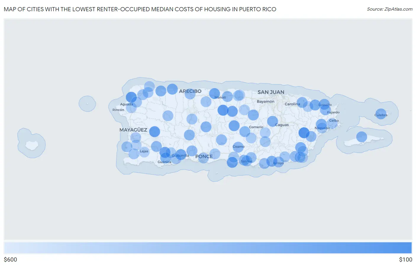 Cities with the Lowest Renter-Occupied Median Costs of Housing in Puerto Rico Map