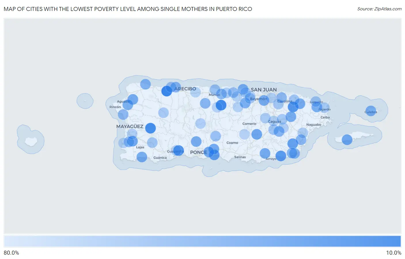 Cities with the Lowest Poverty Level Among Single Mothers in Puerto Rico Map