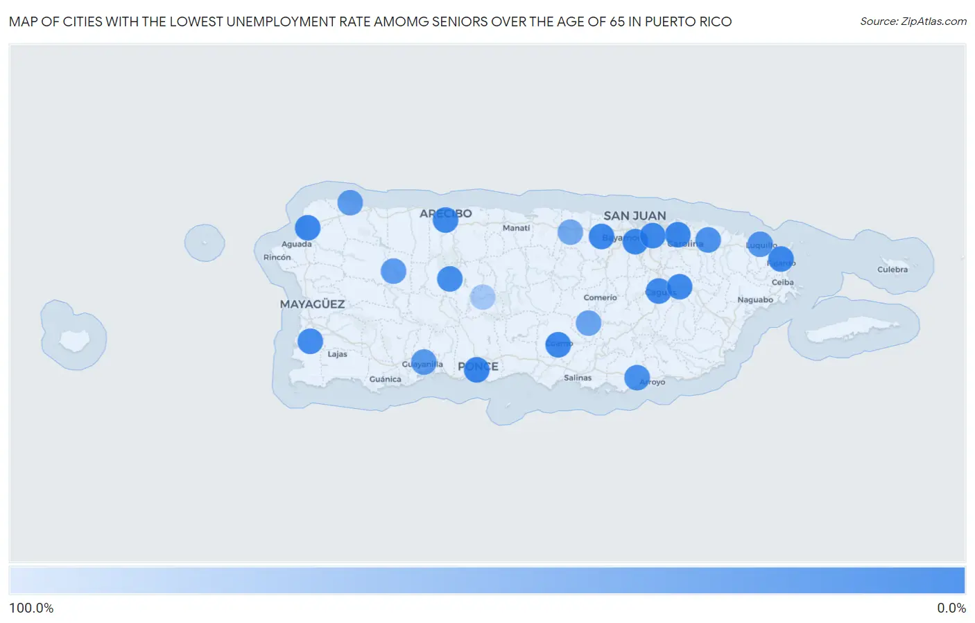 Cities with the Lowest Unemployment Rate Amomg Seniors Over the Age of 65 in Puerto Rico Map