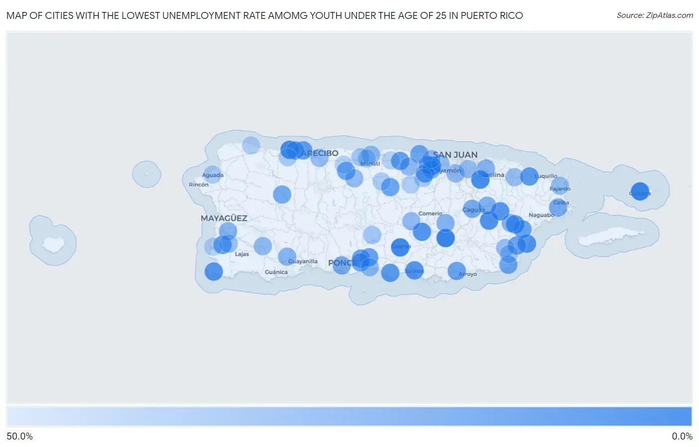 Cities with the Lowest Unemployment Rate Amomg Youth Under the Age of 25 in Puerto Rico Map