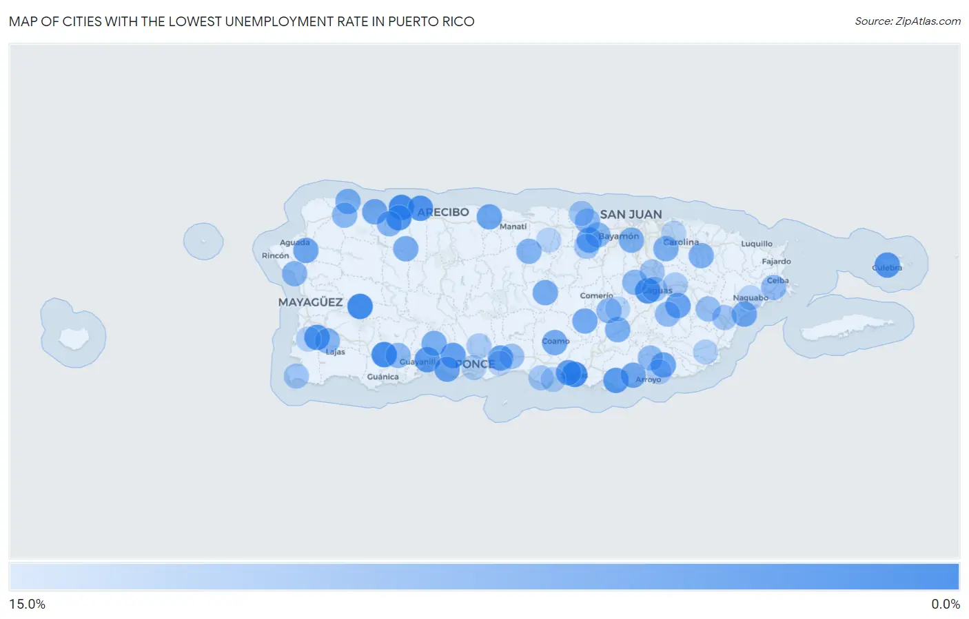 Cities with the Lowest Unemployment Rate in Puerto Rico Map