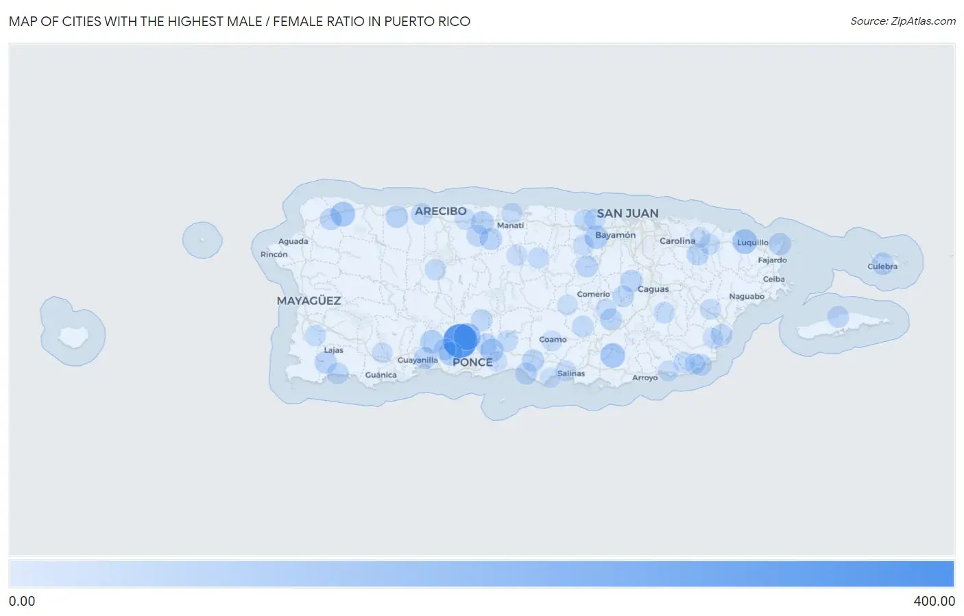 Cities with the Highest Male / Female Ratio in Puerto Rico Map
