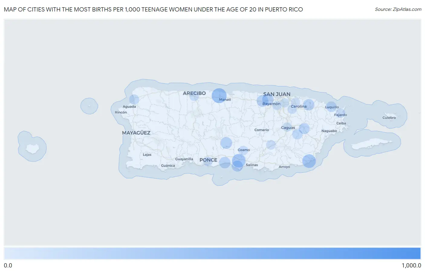 Cities with the Most Births per 1,000 Teenage Women Under the Age of 20 in Puerto Rico Map