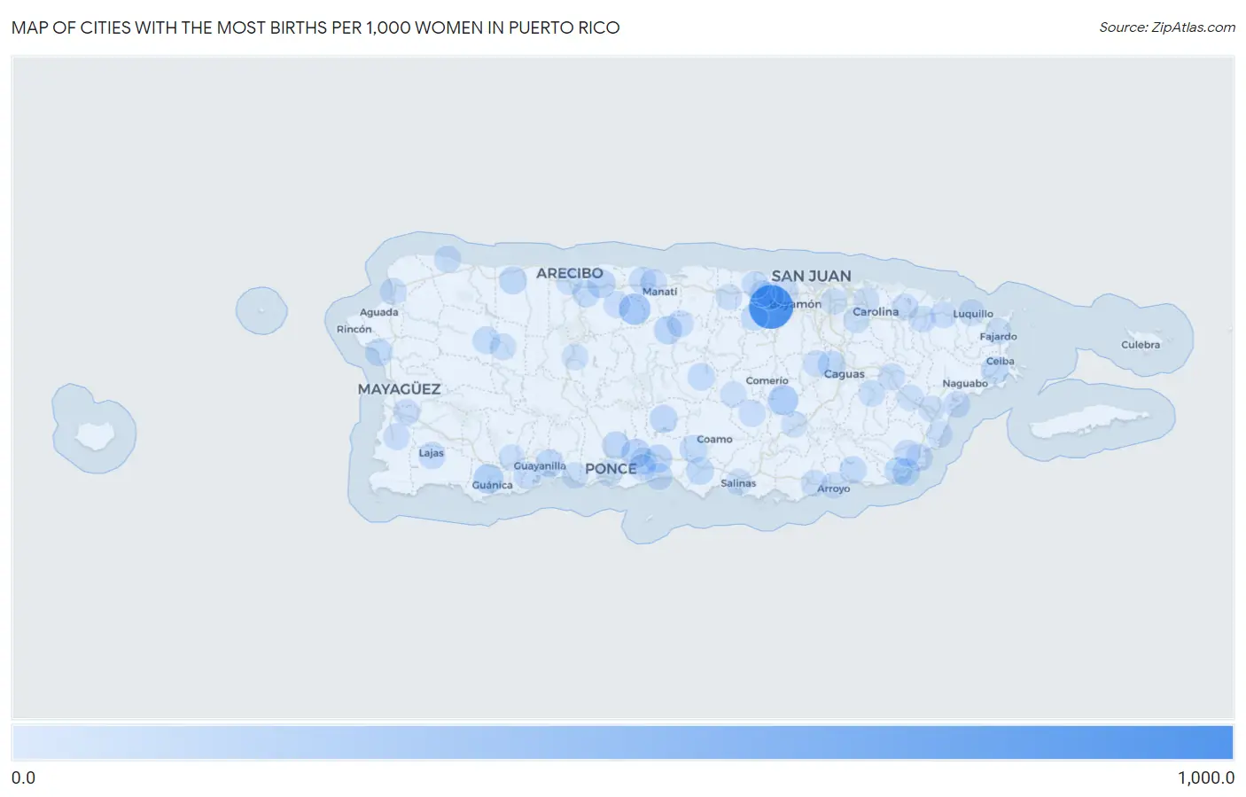 Cities with the Most Births per 1,000 Women in Puerto Rico Map