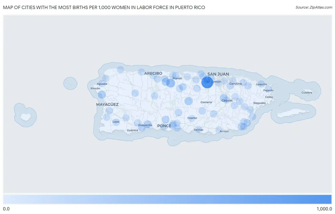 Cities with the Most Births per 1,000 Women in Labor Force in Puerto Rico Map
