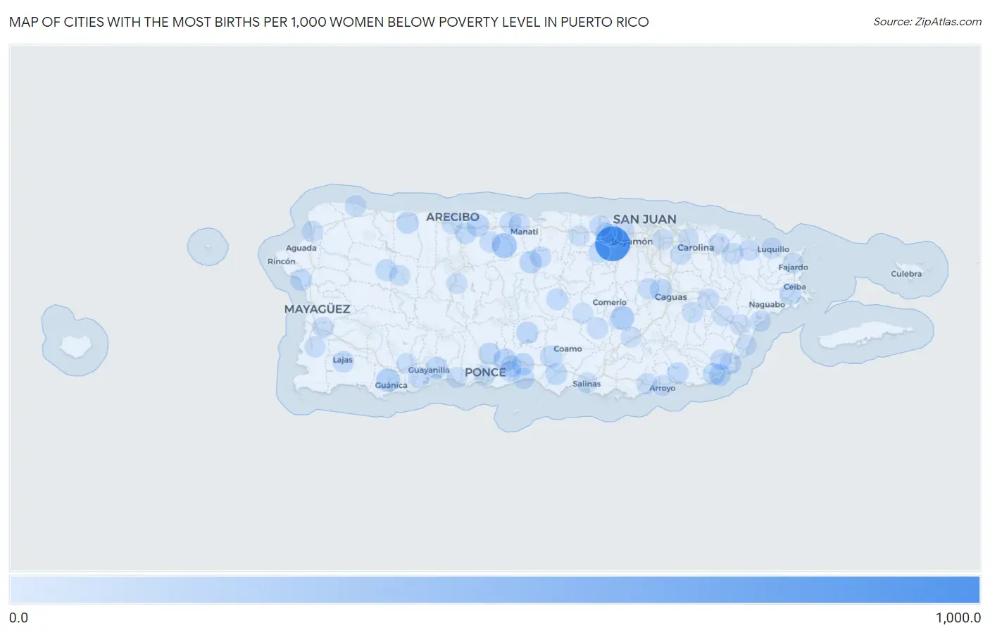Cities with the Most Births per 1,000 Women Below Poverty Level in Puerto Rico Map