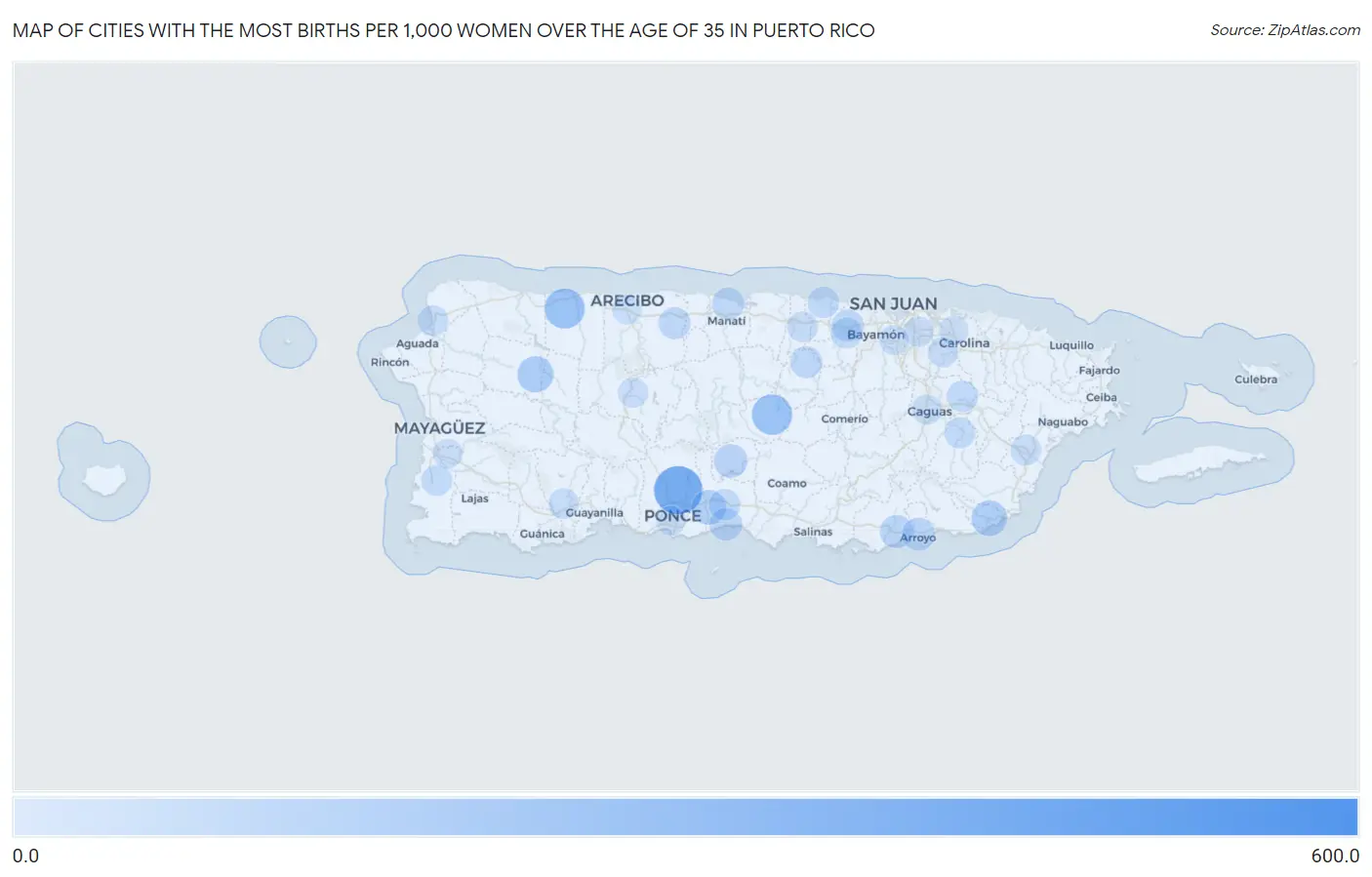 Cities with the Most Births per 1,000 Women Over the Age of 35 in Puerto Rico Map