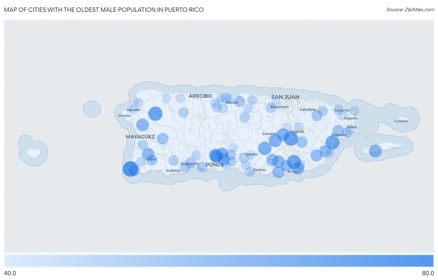 Cities with the Oldest Male Population in Puerto Rico Map