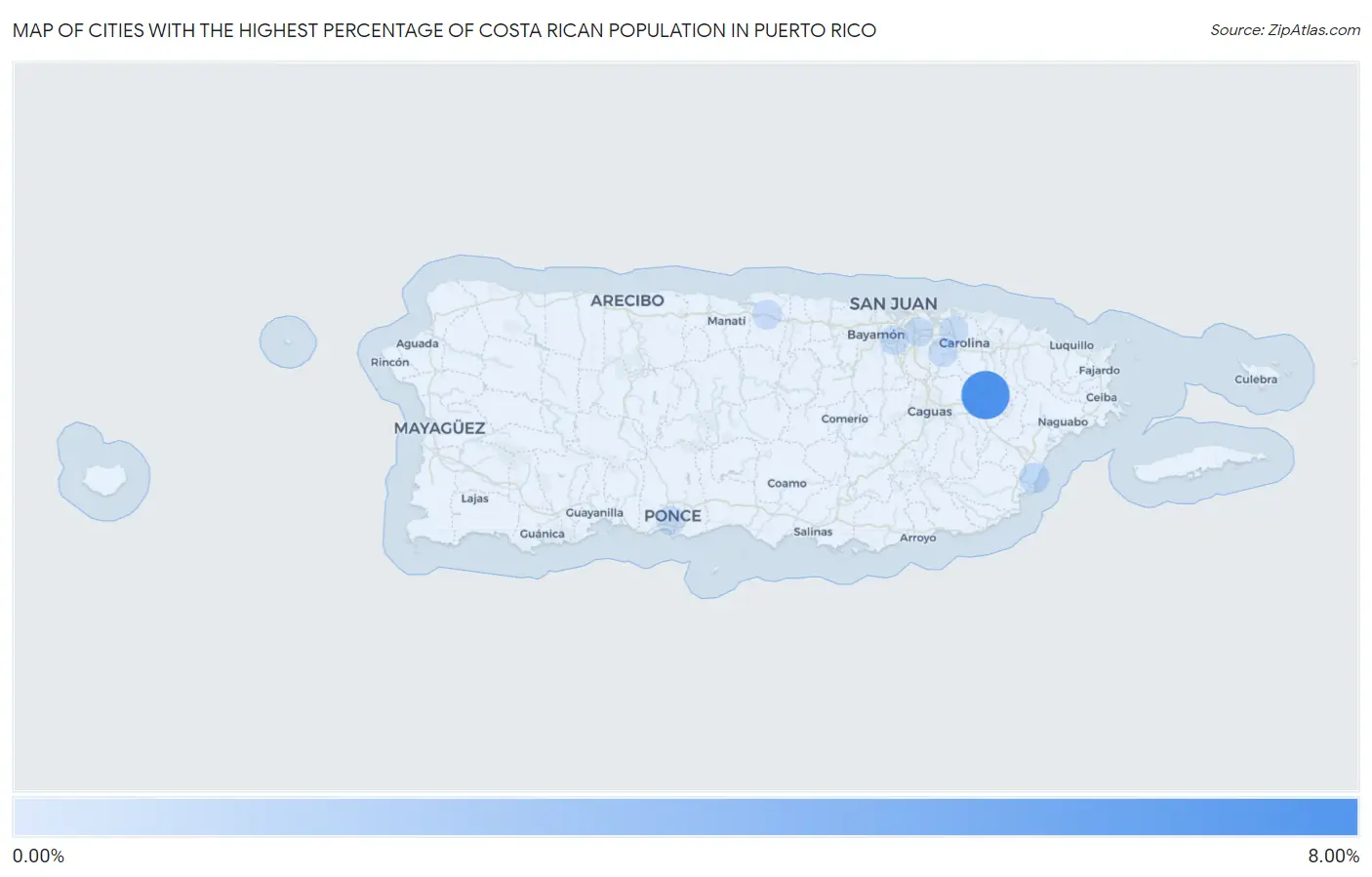 Cities with the Highest Percentage of Costa Rican Population in Puerto Rico Map