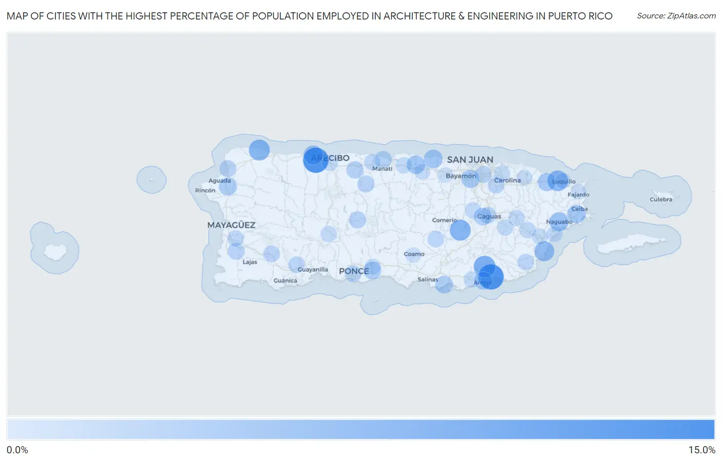 Cities with the Highest Percentage of Population Employed in Architecture & Engineering in Puerto Rico Map