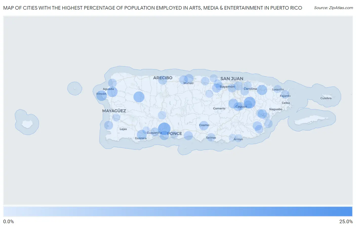 Cities with the Highest Percentage of Population Employed in Arts, Media & Entertainment in Puerto Rico Map