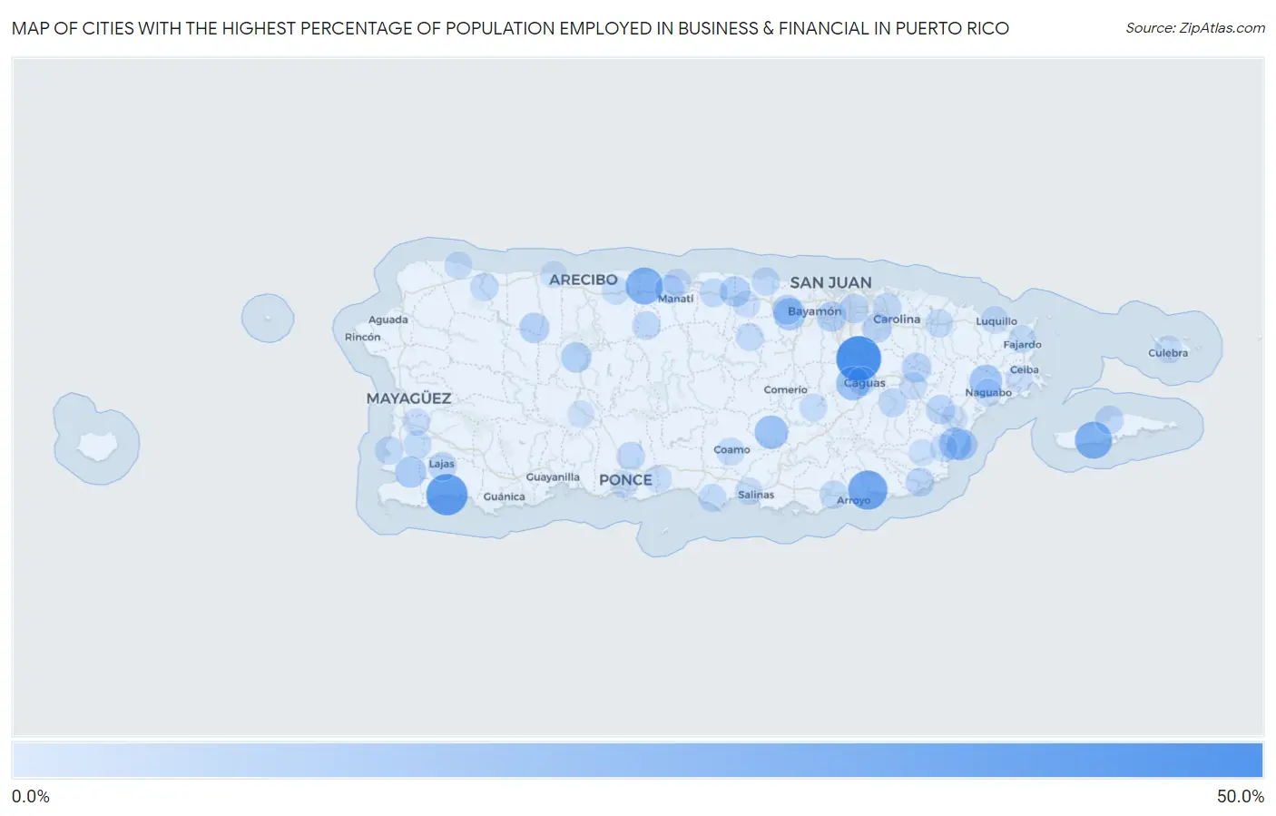 Cities with the Highest Percentage of Population Employed in Business & Financial in Puerto Rico Map