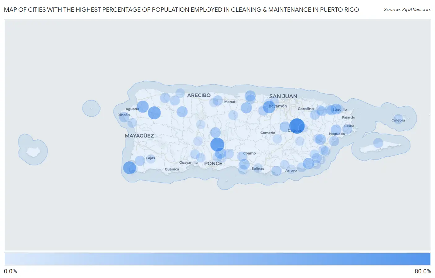 Cities with the Highest Percentage of Population Employed in Cleaning & Maintenance in Puerto Rico Map