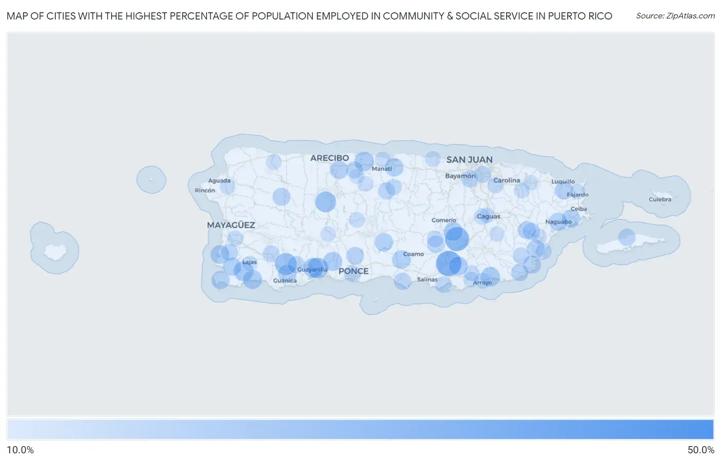 Cities with the Highest Percentage of Population Employed in Community & Social Service  in Puerto Rico Map