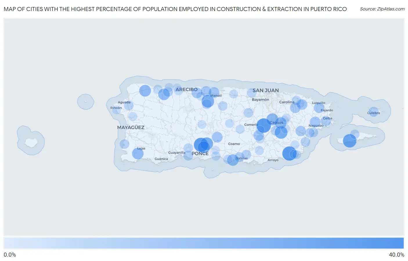 Cities with the Highest Percentage of Population Employed in Construction & Extraction in Puerto Rico Map