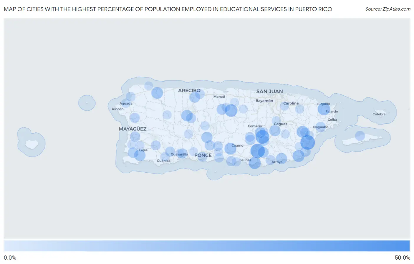 Cities with the Highest Percentage of Population Employed in Educational Services in Puerto Rico Map