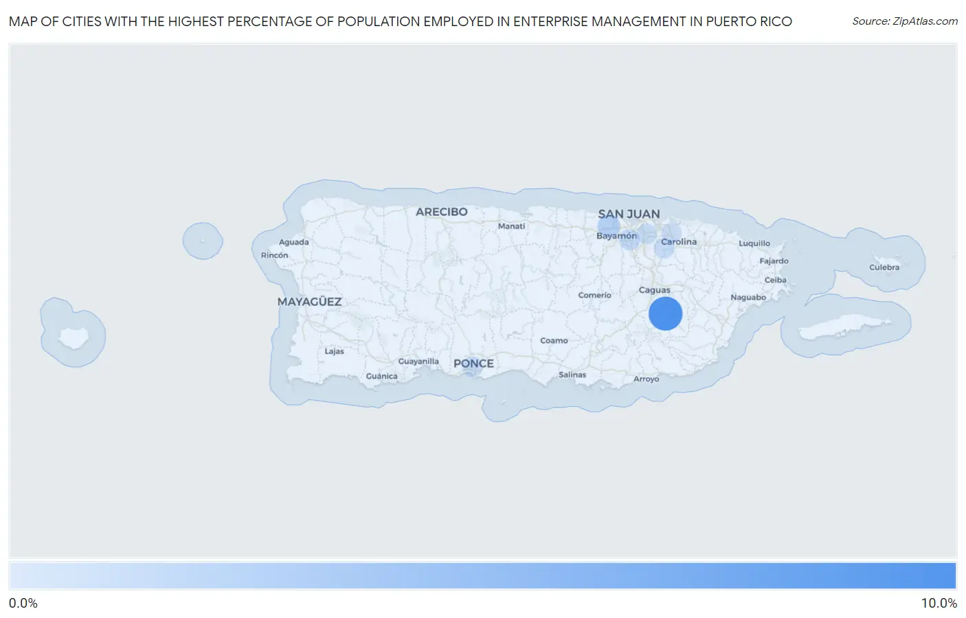 Cities with the Highest Percentage of Population Employed in Enterprise Management in Puerto Rico Map