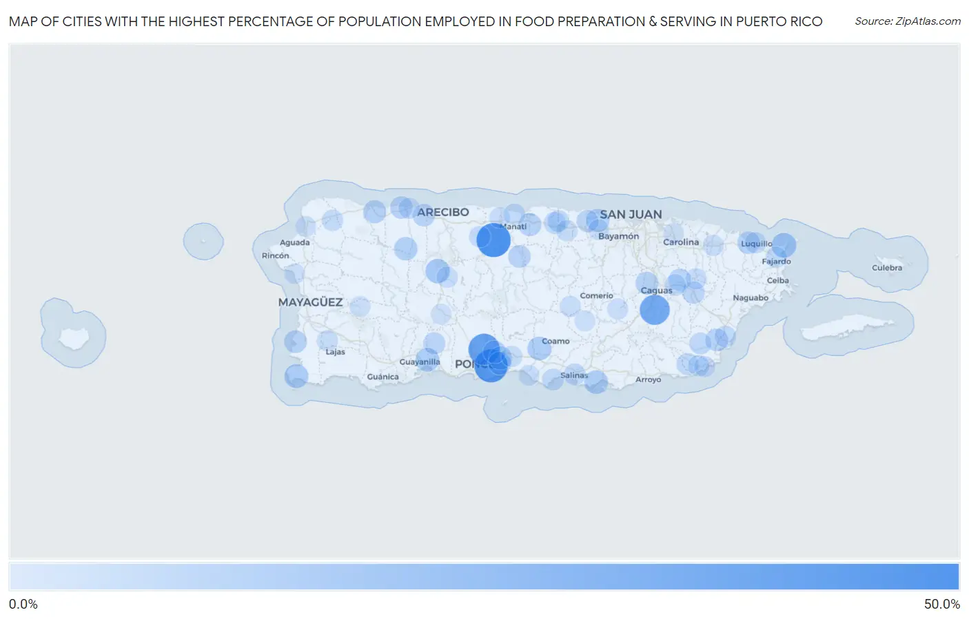 Cities with the Highest Percentage of Population Employed in Food Preparation & Serving in Puerto Rico Map