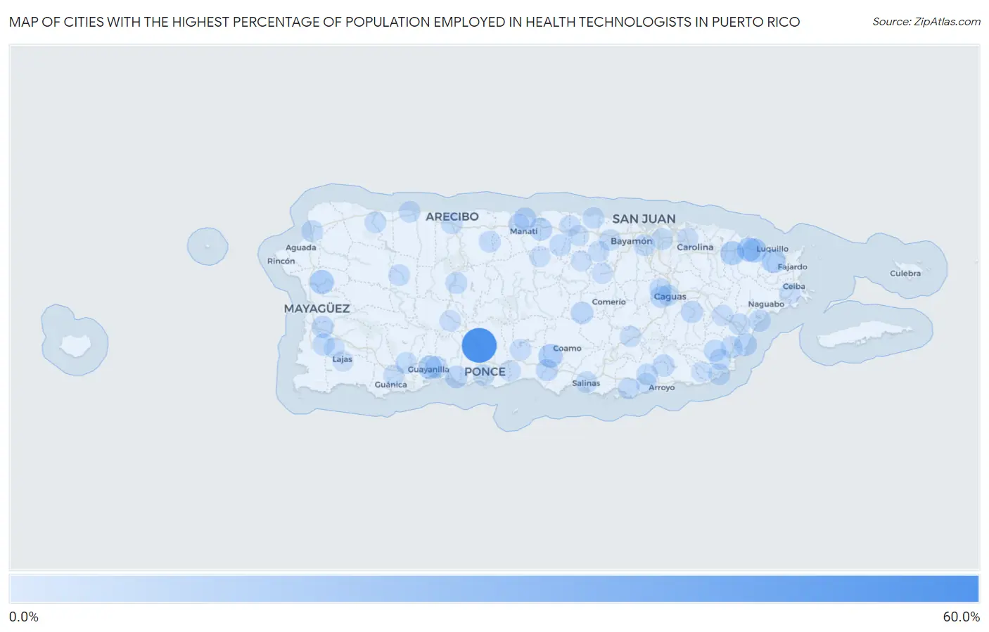 Cities with the Highest Percentage of Population Employed in Health Technologists in Puerto Rico Map