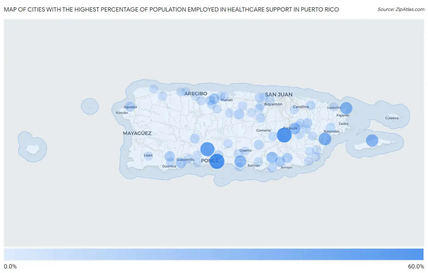 Cities with the Highest Percentage of Population Employed in Healthcare Support in Puerto Rico Map