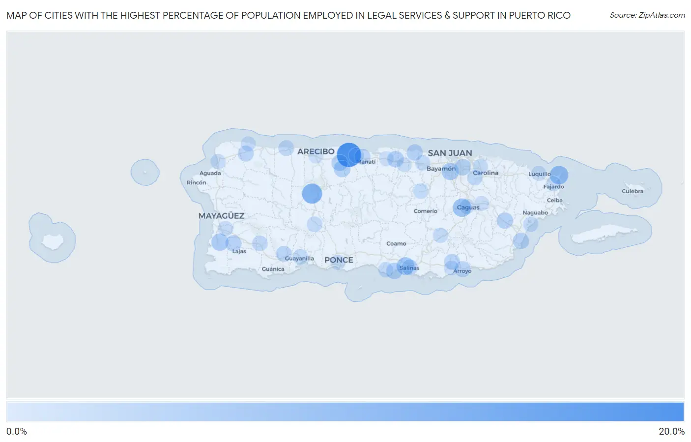 Cities with the Highest Percentage of Population Employed in Legal Services & Support in Puerto Rico Map