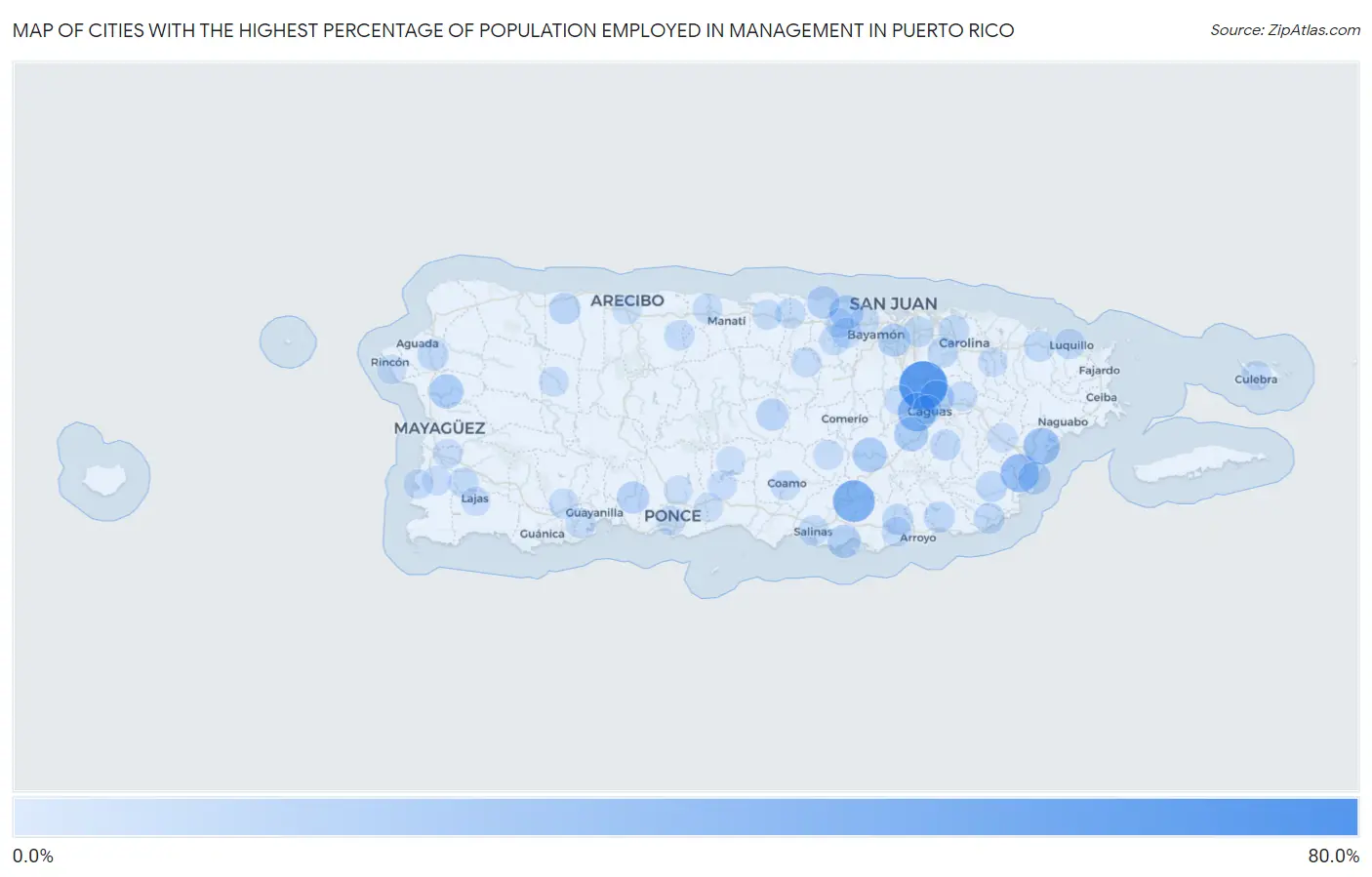 Cities with the Highest Percentage of Population Employed in Management in Puerto Rico Map