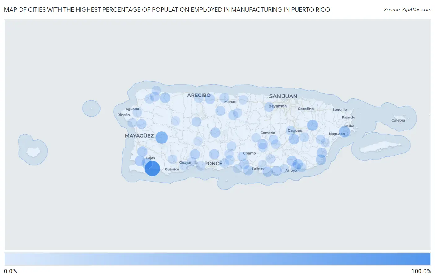 Cities with the Highest Percentage of Population Employed in Manufacturing in Puerto Rico Map