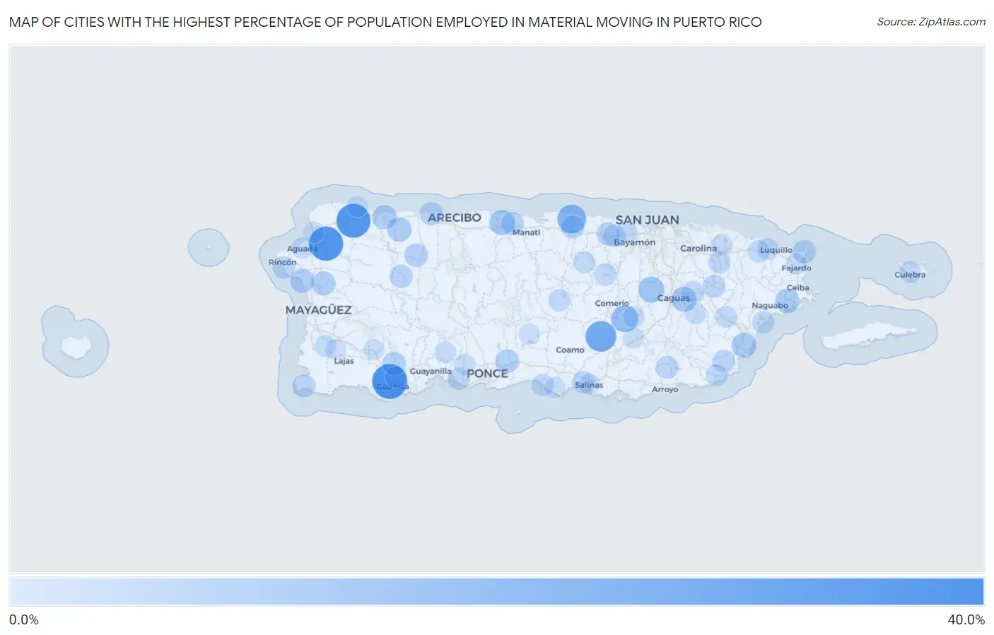 Cities with the Highest Percentage of Population Employed in Material Moving in Puerto Rico Map