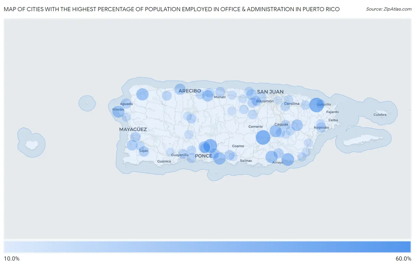 Cities with the Highest Percentage of Population Employed in Office & Administration in Puerto Rico Map