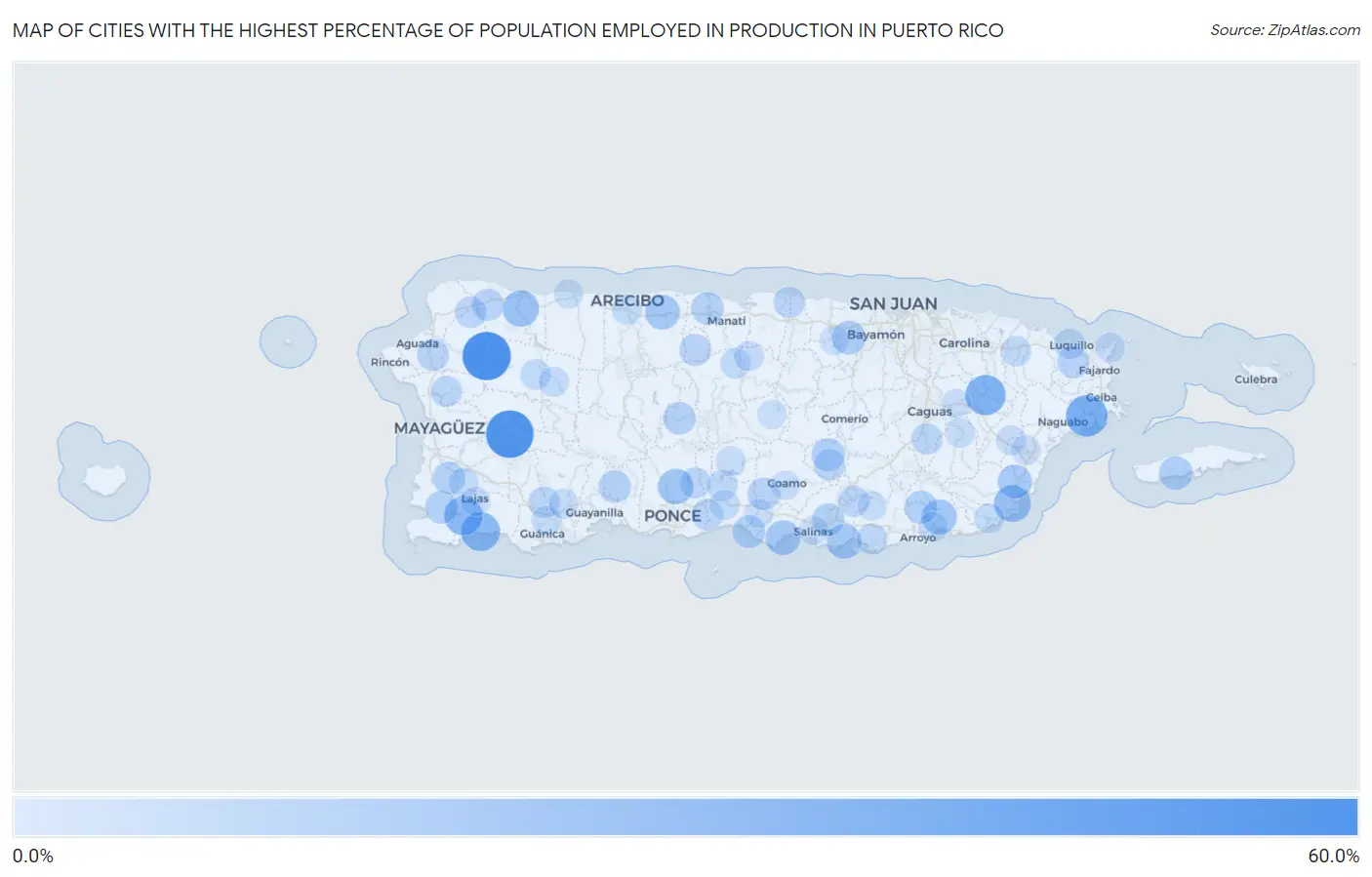 Cities with the Highest Percentage of Population Employed in Production in Puerto Rico Map