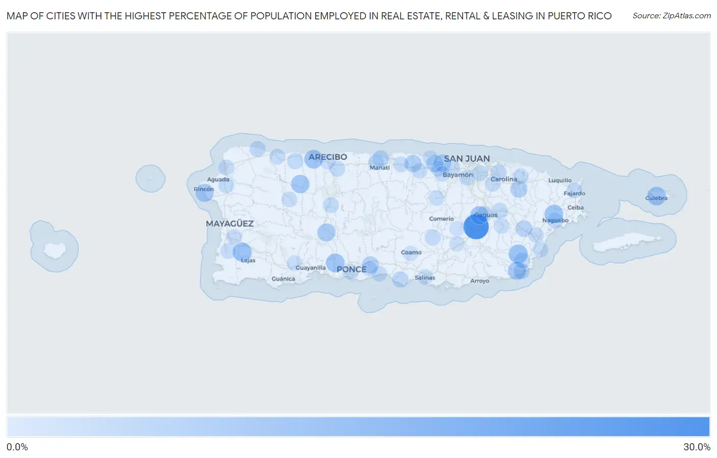 Cities with the Highest Percentage of Population Employed in Real Estate, Rental & Leasing in Puerto Rico Map