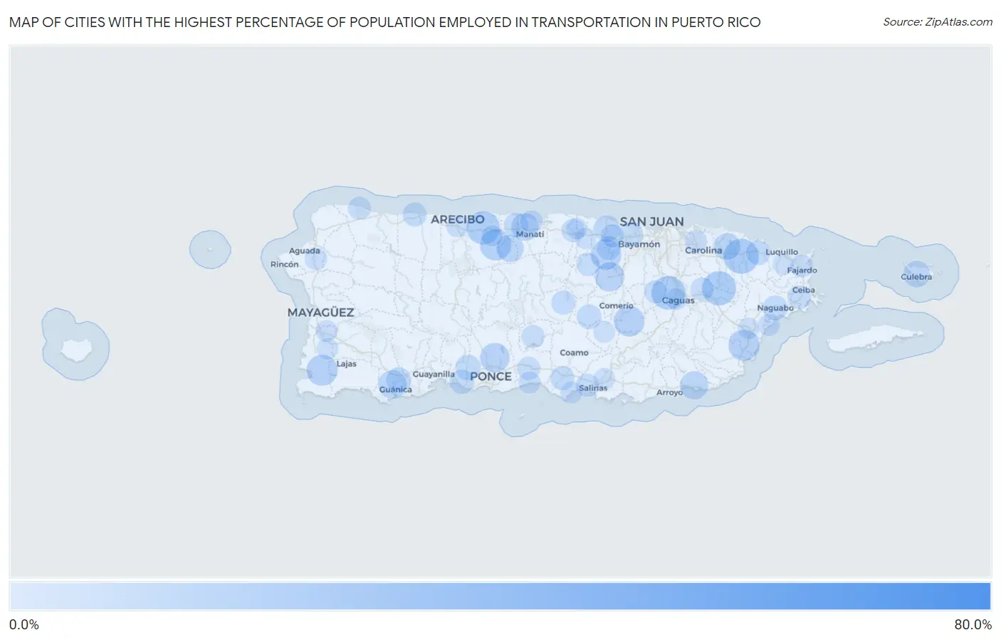 Cities with the Highest Percentage of Population Employed in Transportation in Puerto Rico Map