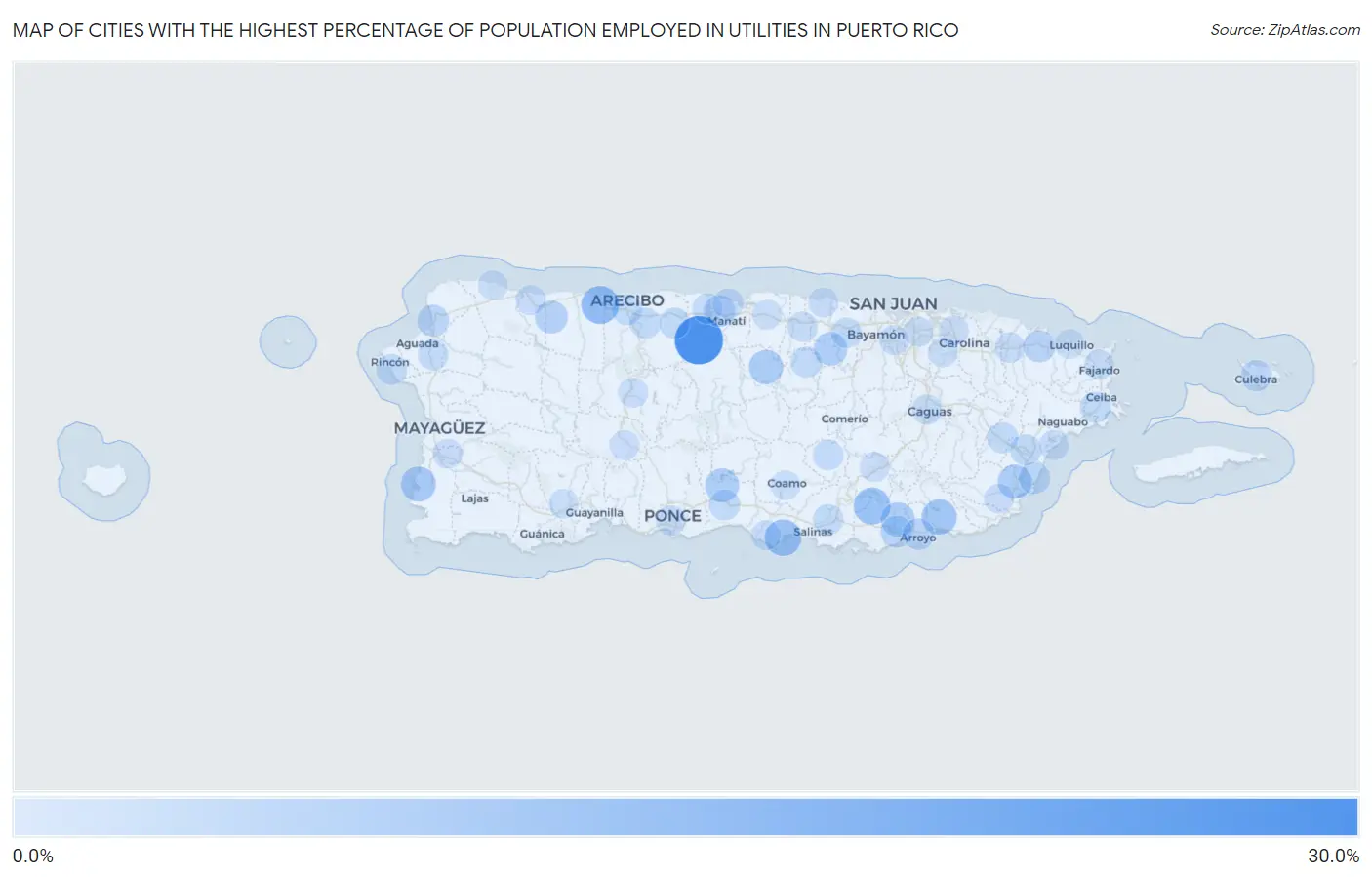 Cities with the Highest Percentage of Population Employed in Utilities in Puerto Rico Map
