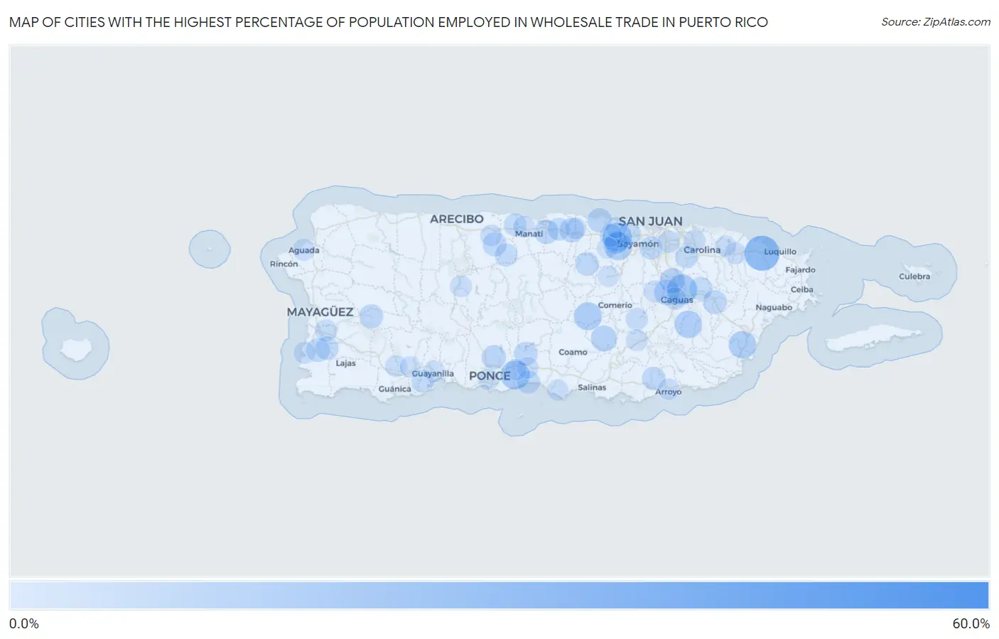 Cities with the Highest Percentage of Population Employed in Wholesale Trade in Puerto Rico Map