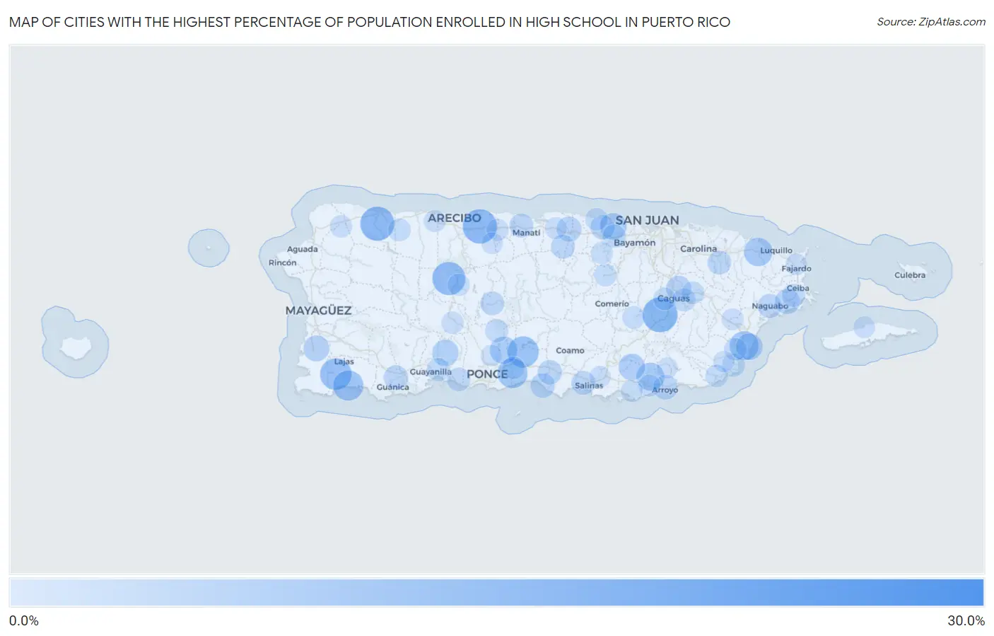 Cities with the Highest Percentage of Population Enrolled in High School in Puerto Rico Map