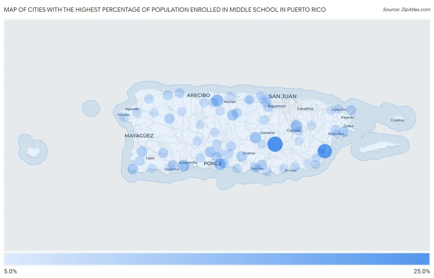 Cities with the Highest Percentage of Population Enrolled in Middle School in Puerto Rico Map