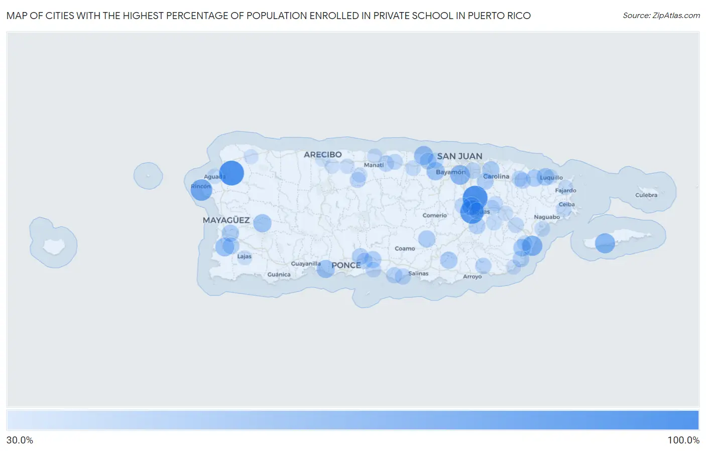 Cities with the Highest Percentage of Population Enrolled in Private School in Puerto Rico Map