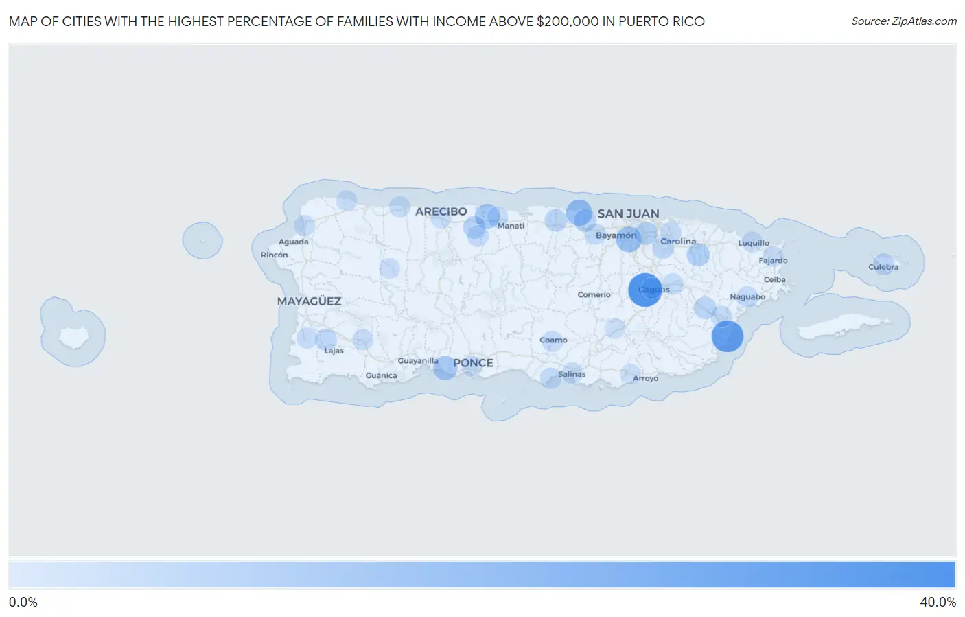 Cities with the Highest Percentage of Families with Income Above $200,000 in Puerto Rico Map
