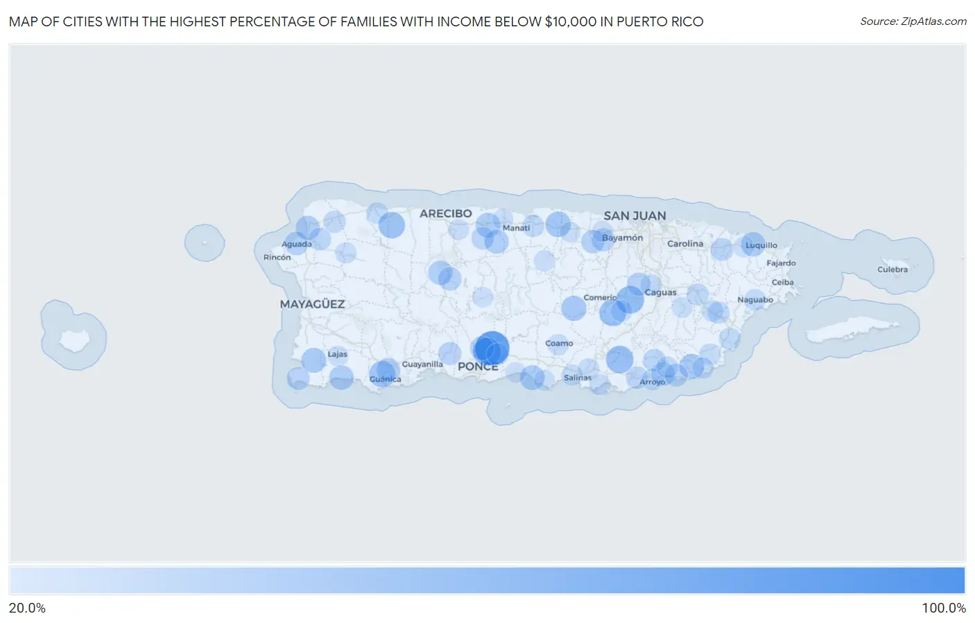 Cities with the Highest Percentage of Families with Income Below $10,000 in Puerto Rico Map