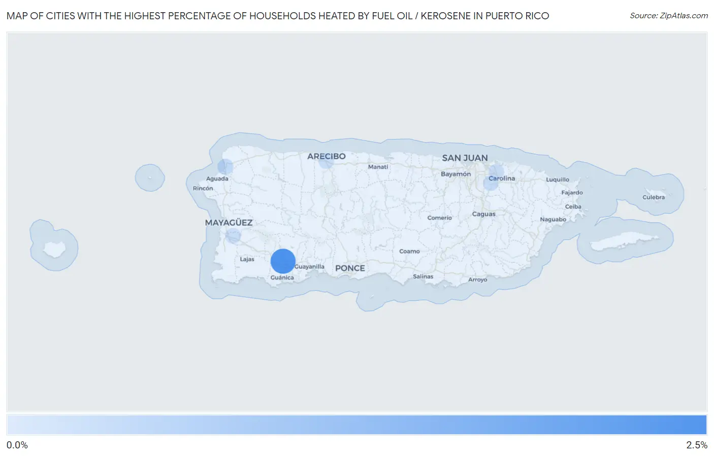 Cities with the Highest Percentage of Households Heated by Fuel Oil / Kerosene in Puerto Rico Map