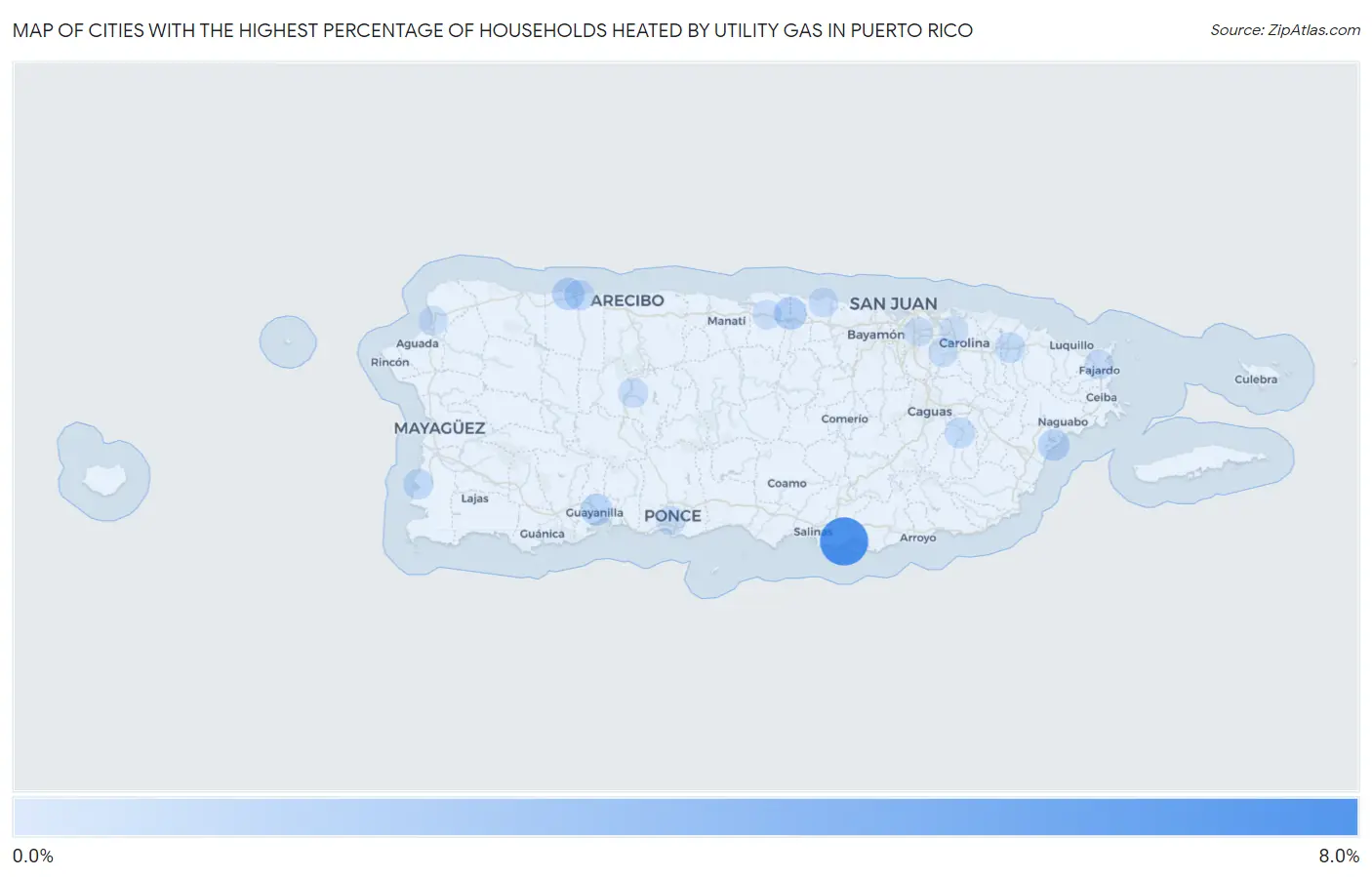 Cities with the Highest Percentage of Households Heated by Utility Gas in Puerto Rico Map