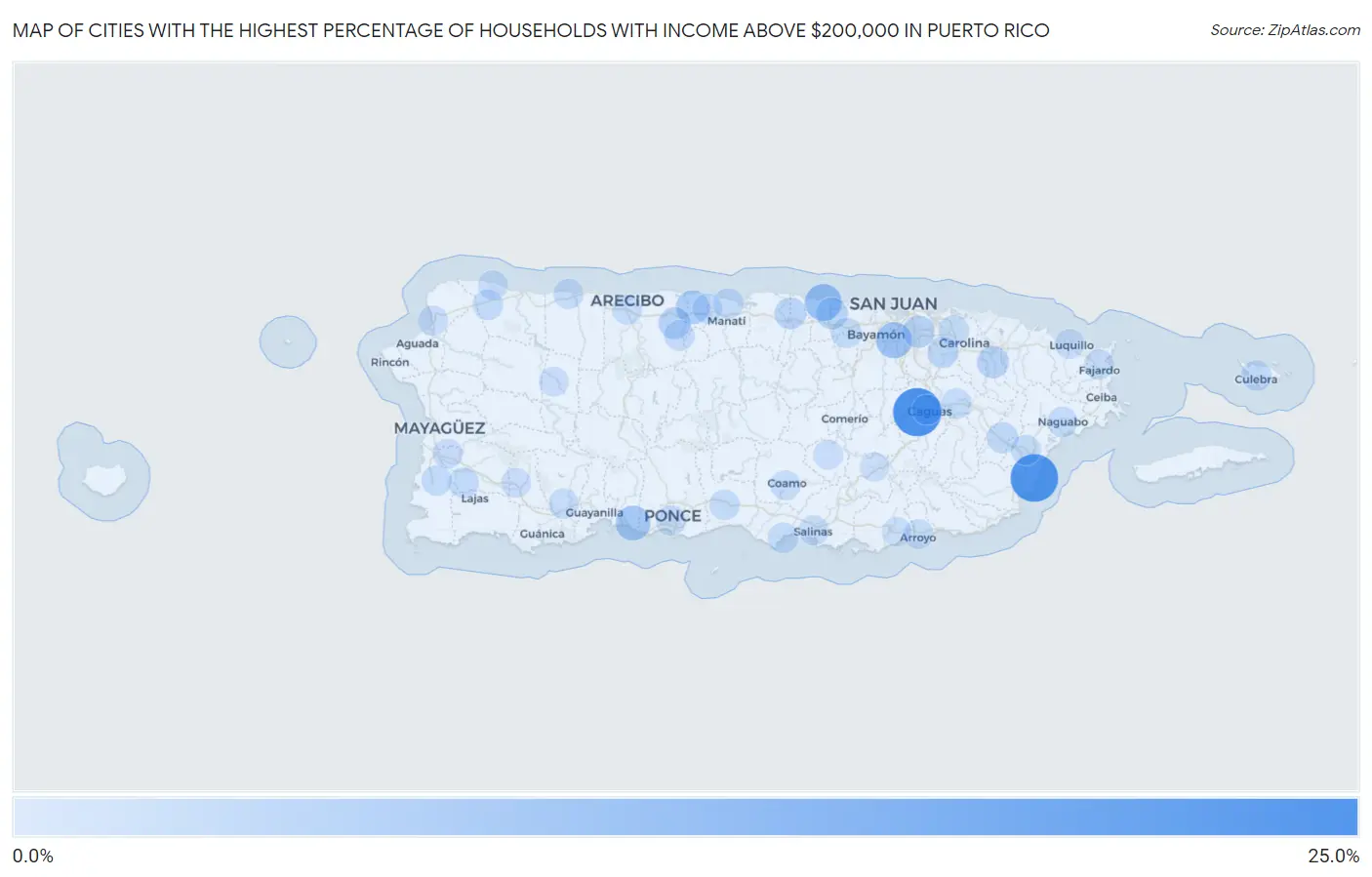 Cities with the Highest Percentage of Households with Income Above $200,000 in Puerto Rico Map